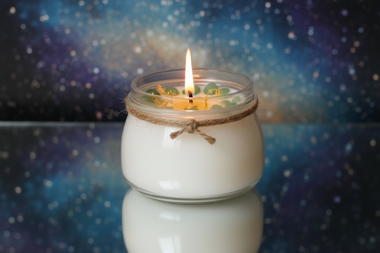 Candela con giada verde e petali gialli