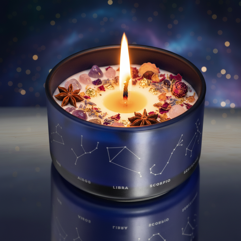 Candela Zodiacale con Cristalli e Spezie - Stile Cosmico