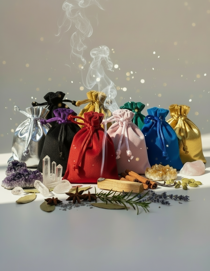 Composizione con cristalli a sinistra e palo santo fumante